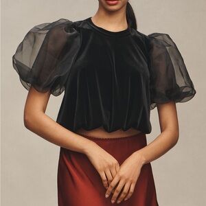 NWT Anthropologie Black Velvet Puff Sleeve Top